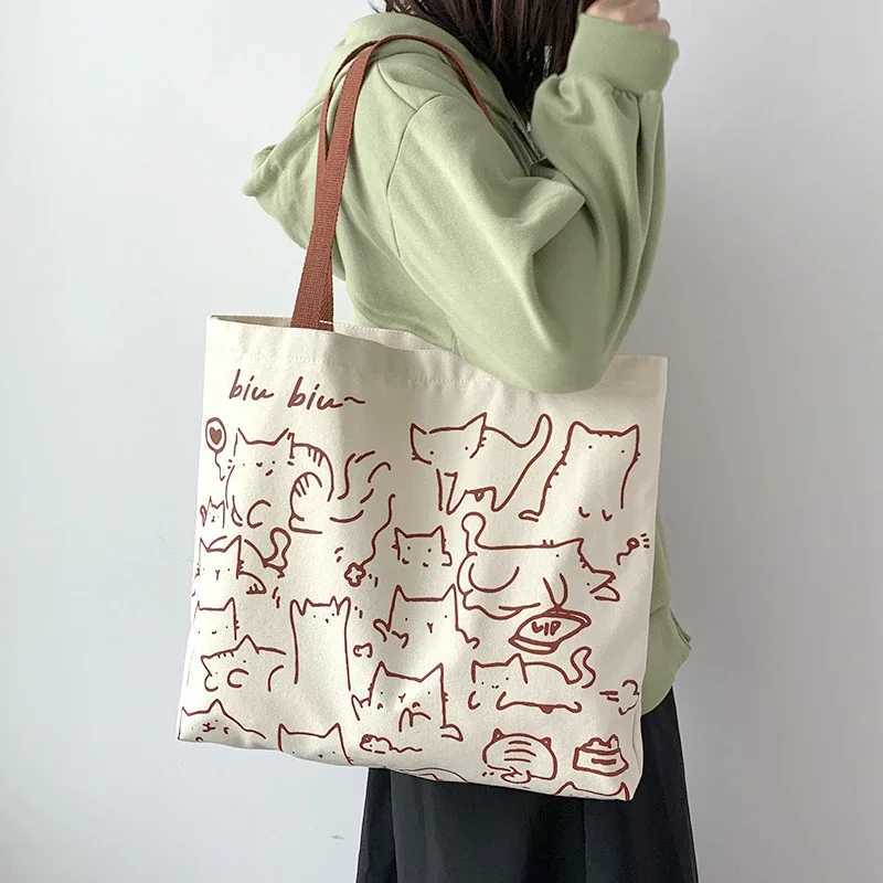 Womens canvas shopping bag environmentally friendly reusable foldable shoulder bag large capacity handbag casual and cute womens shopping bag Y241011