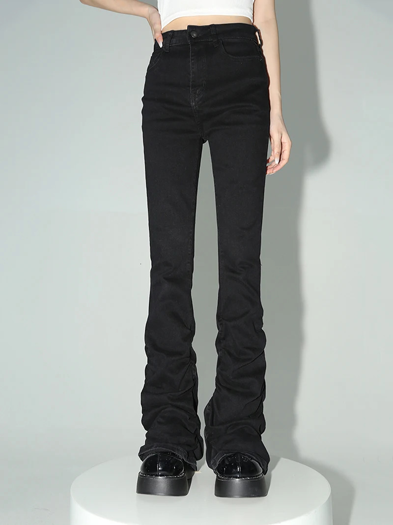REDDACHiC Black Ruched Flare Jean Solid Stretch Bootcut Stacked Pants High Rise Trousers Harajuku Goth Grunge Y2k Clothes 241009