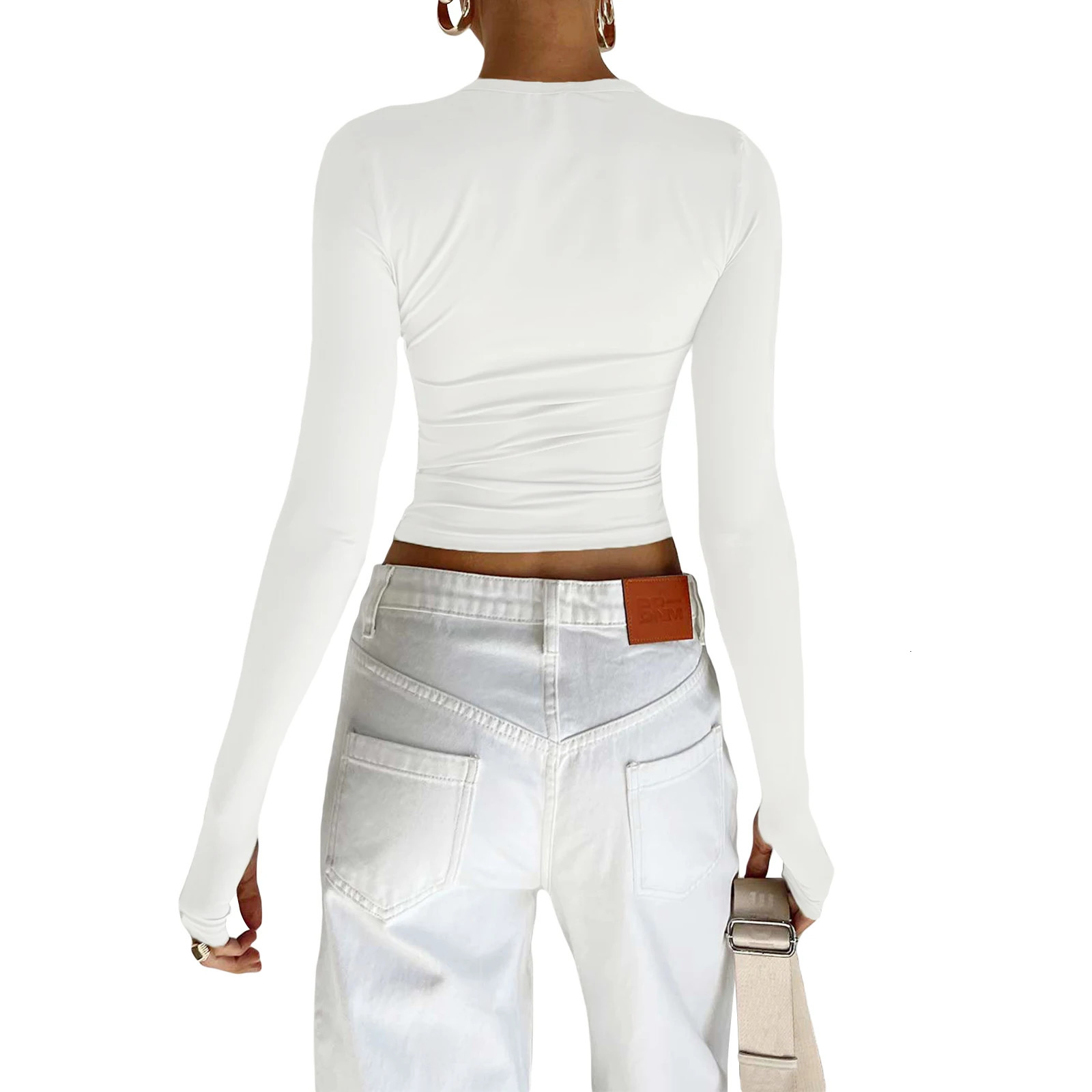 Womens Long Sleeve Tops Fall Solid Color Slim Fitting Crop Crew Neck Tight Tee Shirts with Thumb Holes Stretch TShirts 241011