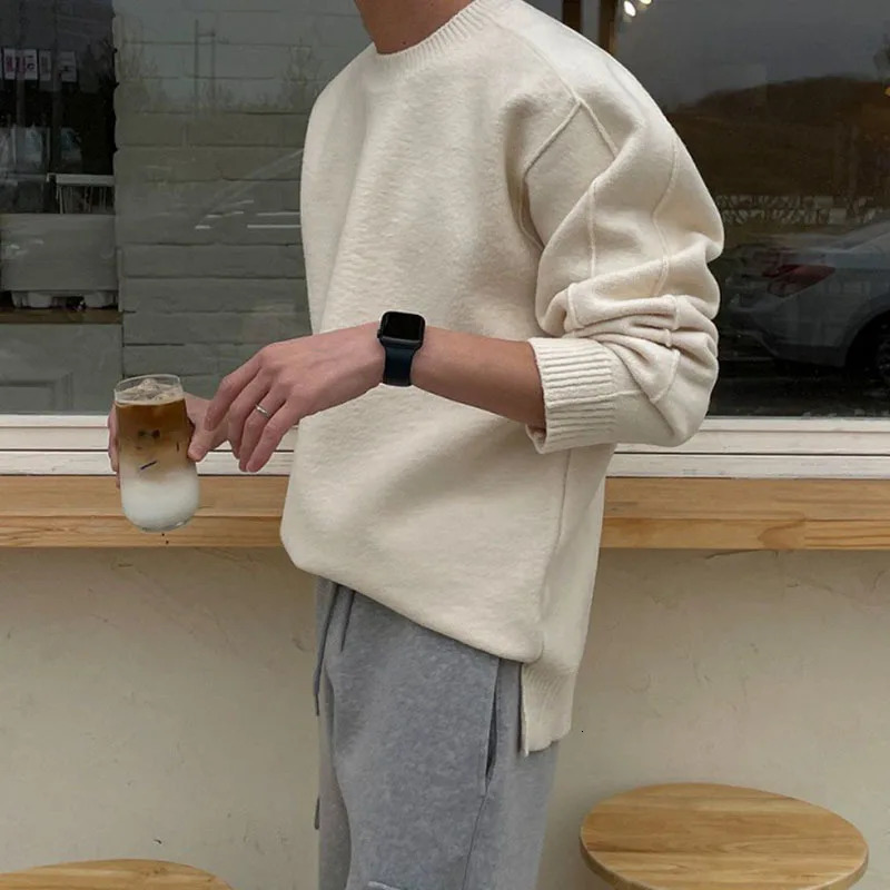 IEFB Solid Color Sweater Trend Mens Korean Style Fashion Knitwear Autumn Winter Warm Clothing Loose Round Neck Pullovers 9C2820 241007