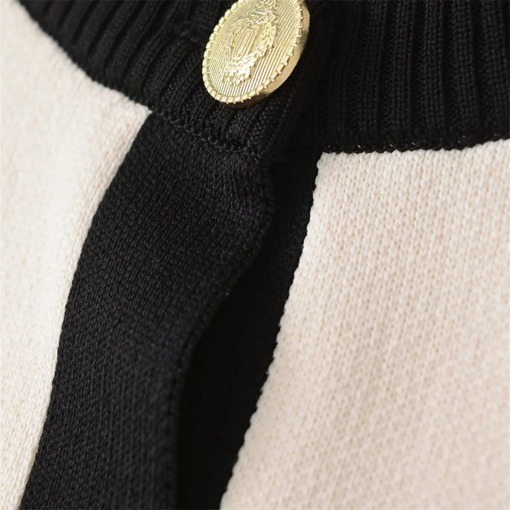 RARF Autumn European and American Breasted Long Sleeve Black White Round Neck Knitted Open Short Jacket 241010