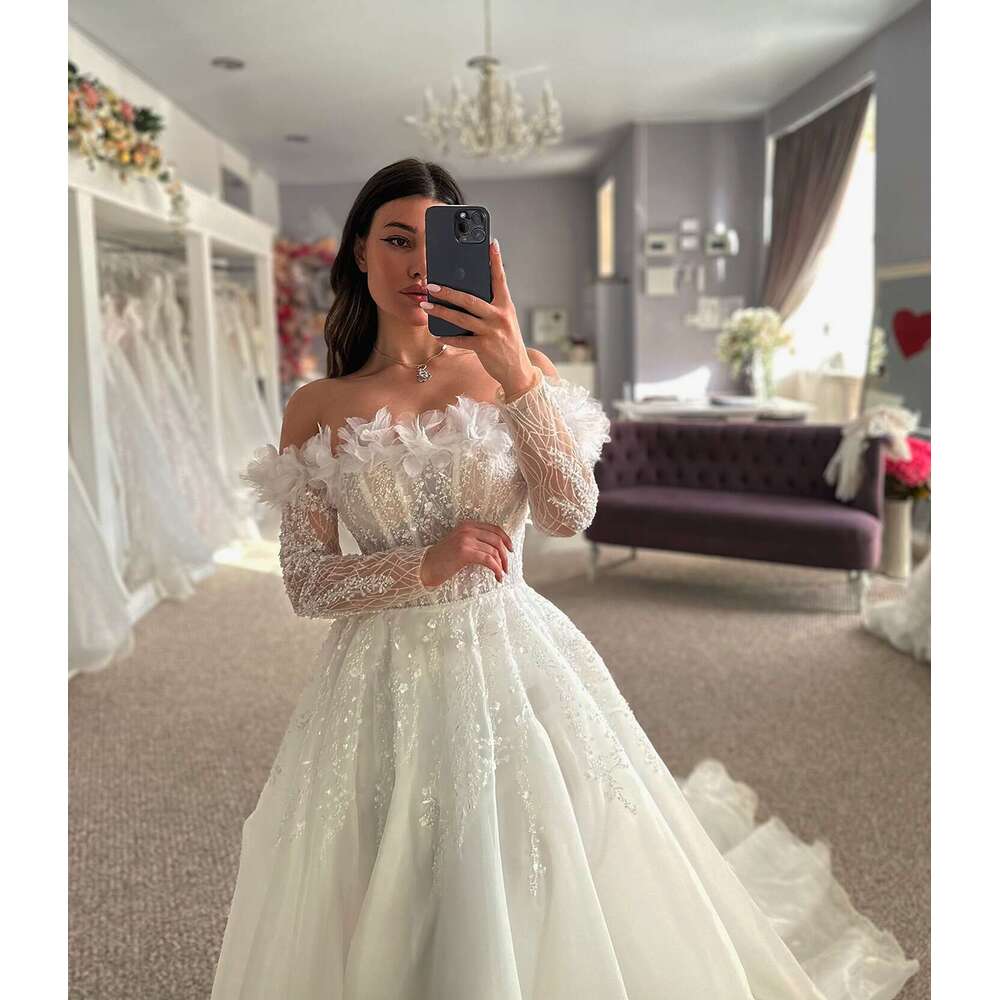 Off the Shoulder Long Sleeve Corset Beading Wedding Dress for Bride 2025 Side Slit Lace Appliques 3D wers A e Bridal Gown