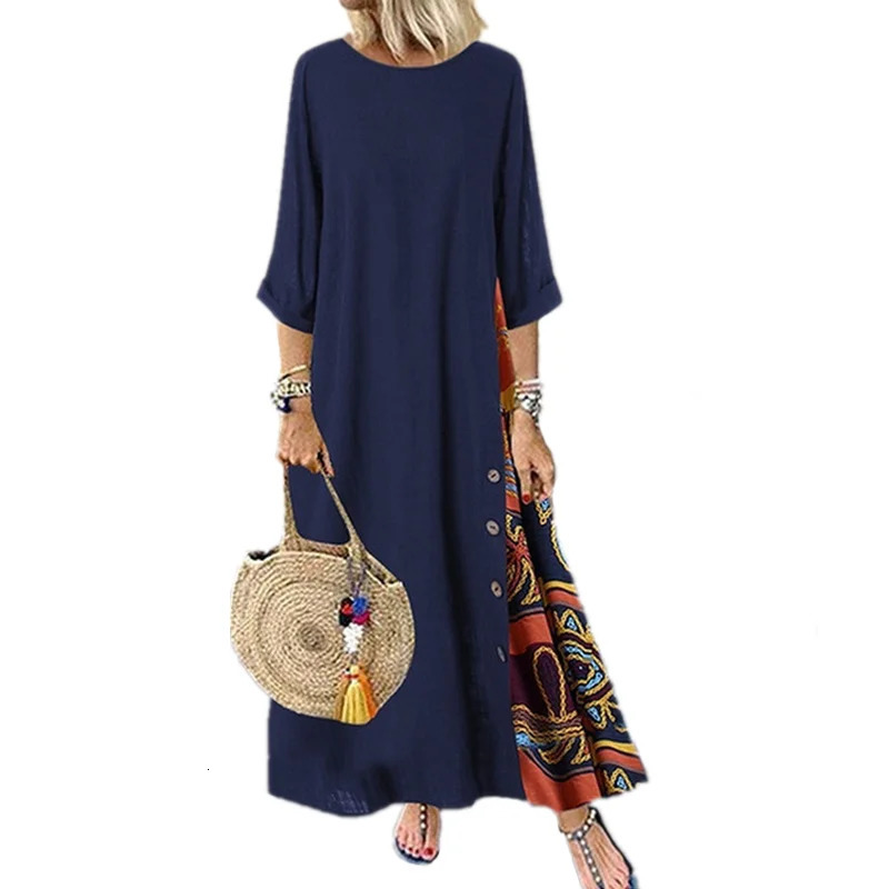 Summer vintage Maxi dress womens loose fashion ethnic style casual womens dress long robe womens cotton linen long skirt 241010