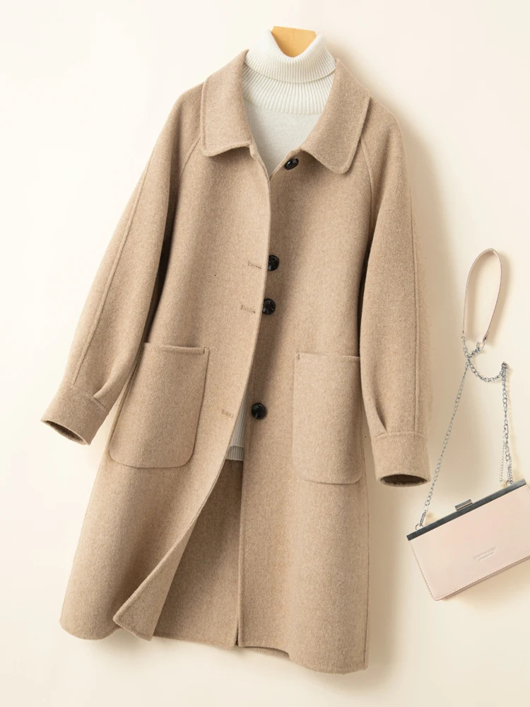 Reversible cashmere coat for women small medium long high-end double-sided cotton doll collar loose fit 100% wool coat 241011