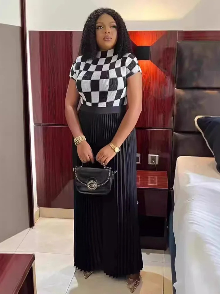 EGRM Miyake Pleated 2 Piece Sets Women Short Sleeve High-End Print Top&Large Size High Waist Folds Wide Leg Pants Set 2024 New