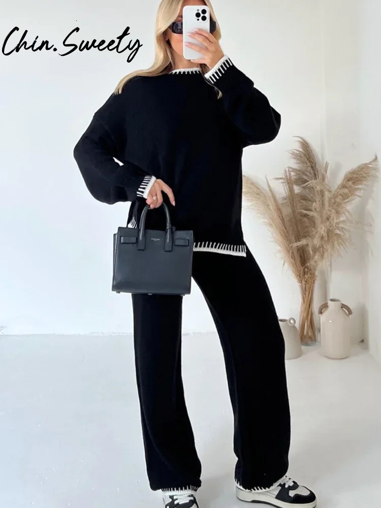 Casual Striped Knitted Set Women Elegant Split Pullover Sweater Elastic High Waist Straight Trousers Lady Outfit Autumn 2024