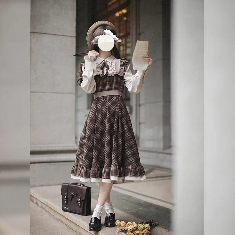 Coalwell military plaid coarse woolen womens clothing autumn and winter vacation two pieces literary sweet retro style long womens clothing 241010