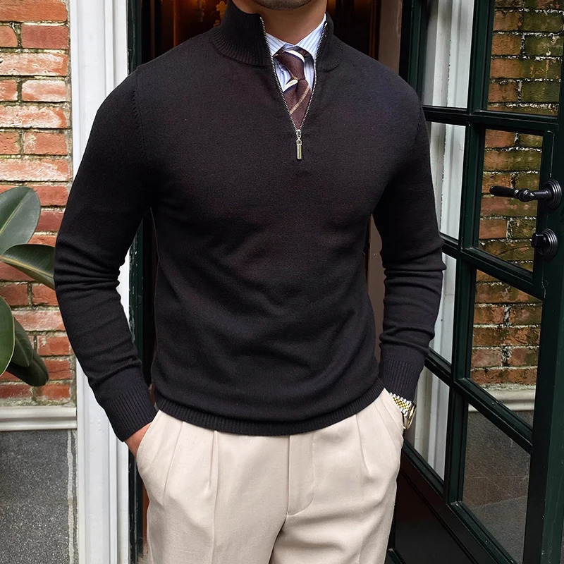 Classic mens knitted jumper top solid color long sleeved zipper collar sweater autumn fashion knitted floral mens sweater 241007