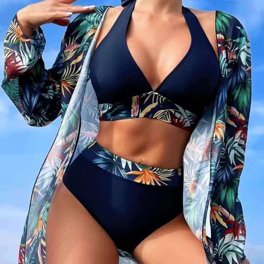 New Sexy Bikini Mesh Three Piece Set 2024 Gathering Split Print Swimsuit For Women