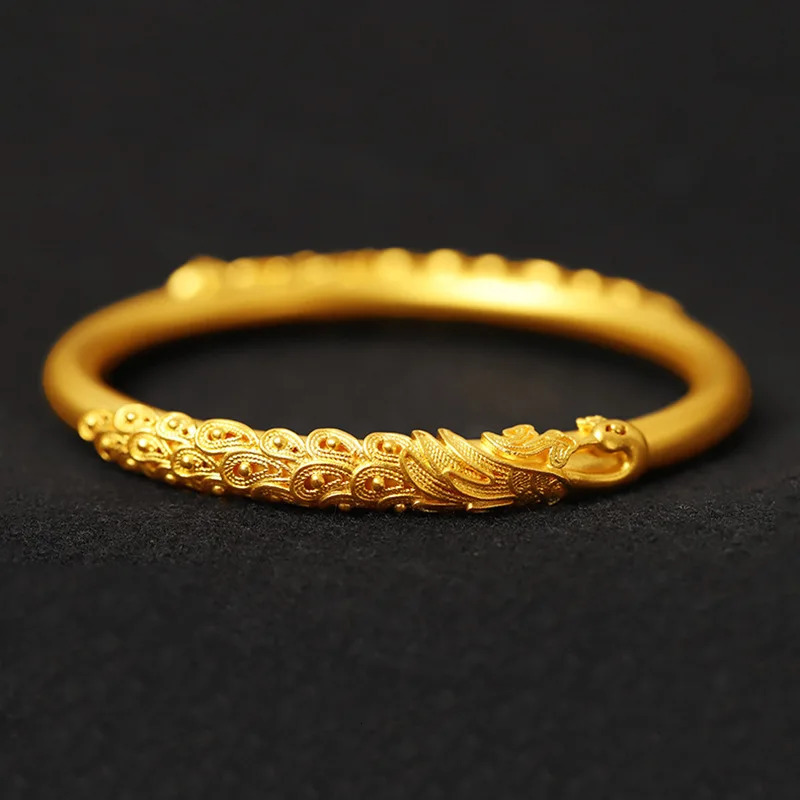 24K pure gold bracelet 999 dragon and phoenix bracelet womens retro inlaid peacock bracelet AU750 240929