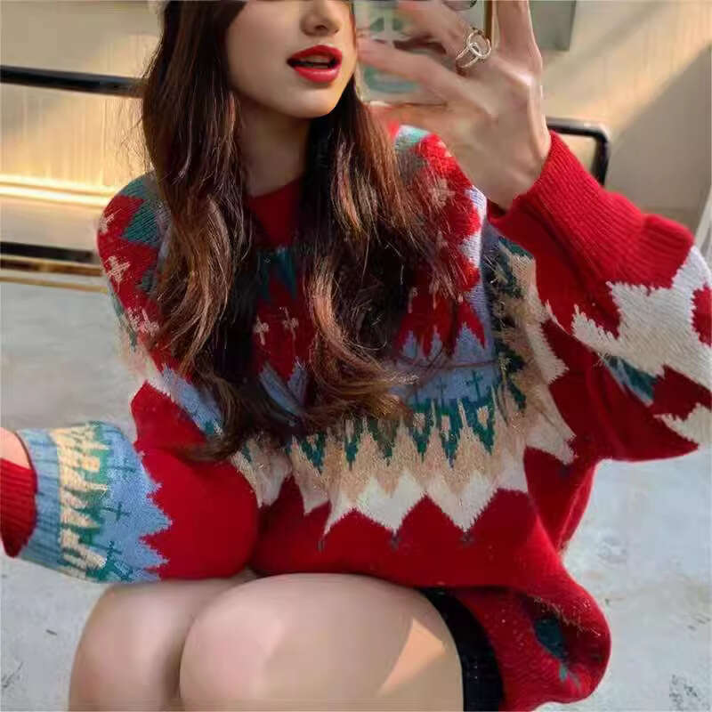 Atmosphere, Christmas gold wire jacquard red sweater, women's autumn, winter, New Year, deer loose and lazy style knitted top