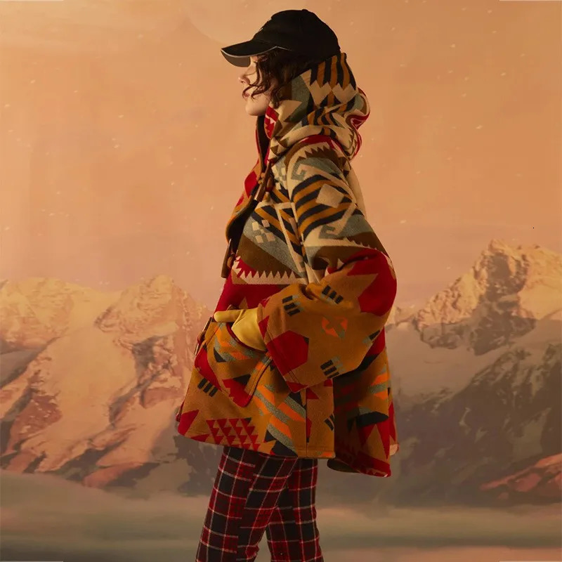 13 color womens wool coat printed hooded wool coat womens long sleeved loose fit coat womens coat and jacket winter autumn 241007