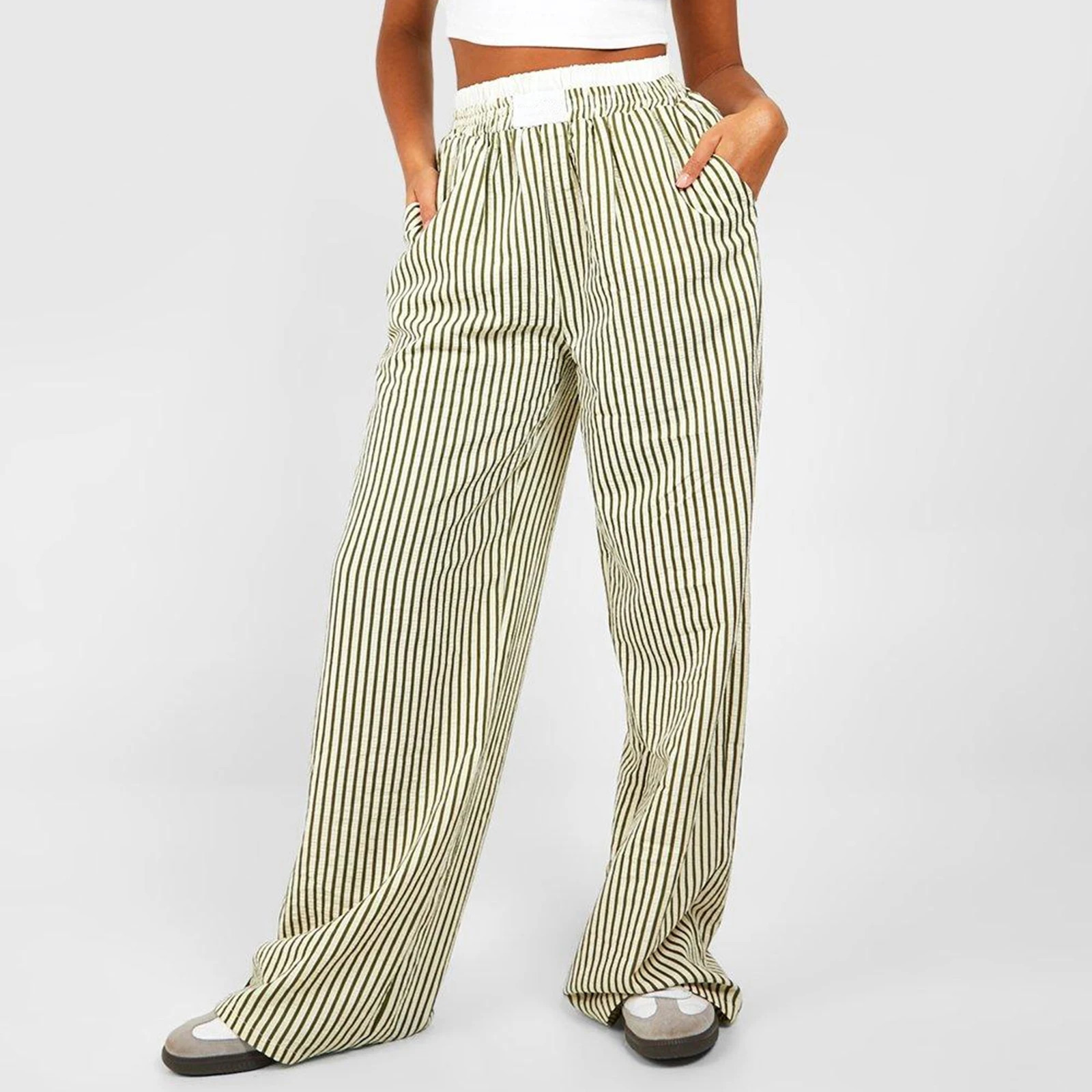 Y2k Striped Wide Leg Pants: Comfy Pinstripe Lounge Bottoms For Women's Street Style