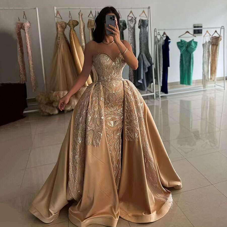 2024 Champagne Arabic Evening with Detachable Train Crystals Lace ral Mermaid Celebrity Party Prom Dress