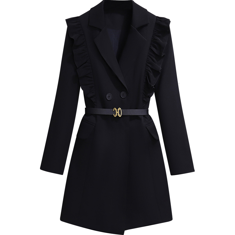 EVNISI Elegant Windbreaker Double Breasted Slim OL Long Trench Coat Ruffles With Belt Women Autumn Winter