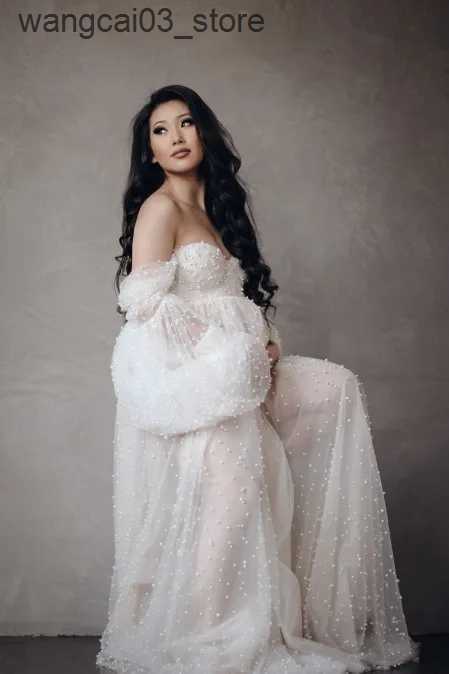 Maternity Dresses Maternity Photography Props Dress Dense Pearl White Yarn Maternity Photography Clothing Babyshower Gown Photo Shoot Pregnant L240910