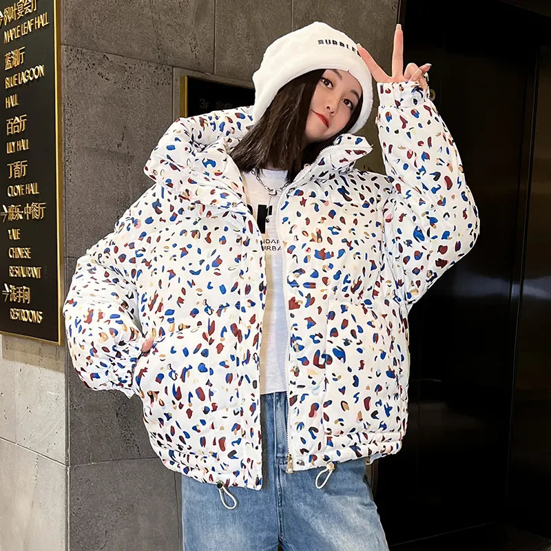 Down Cotton Coat Womens 2024 Winter Jacket Short Loose Padded Coats Printing Hooded Allmatch Fashion Korean Bread Jackets 240930