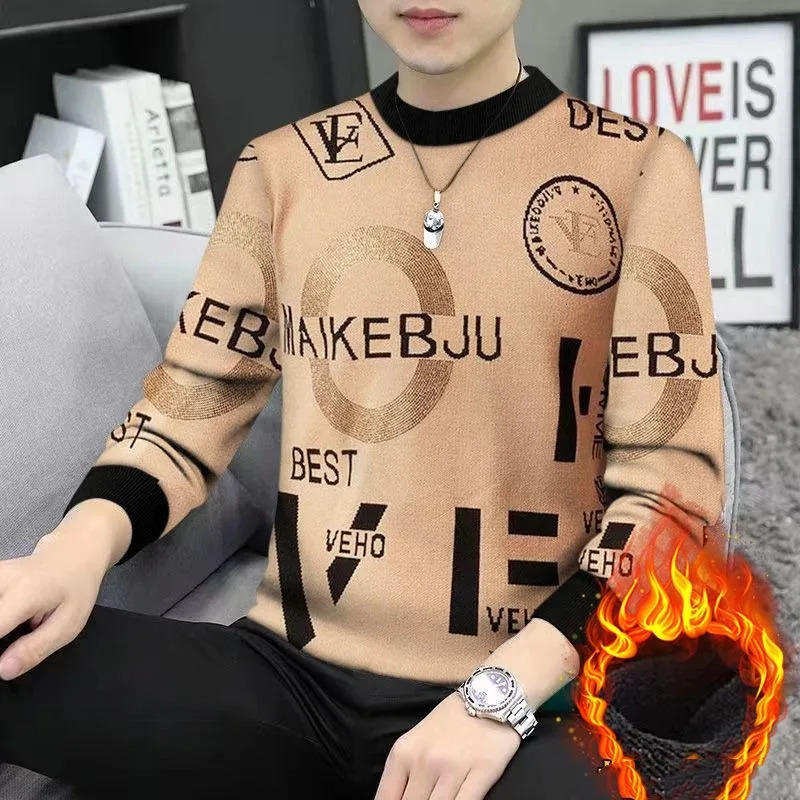 Round neck mens autumn solid Rhinestone letter geometric thread embroidery long sleeved sweater knitted casual top 241007