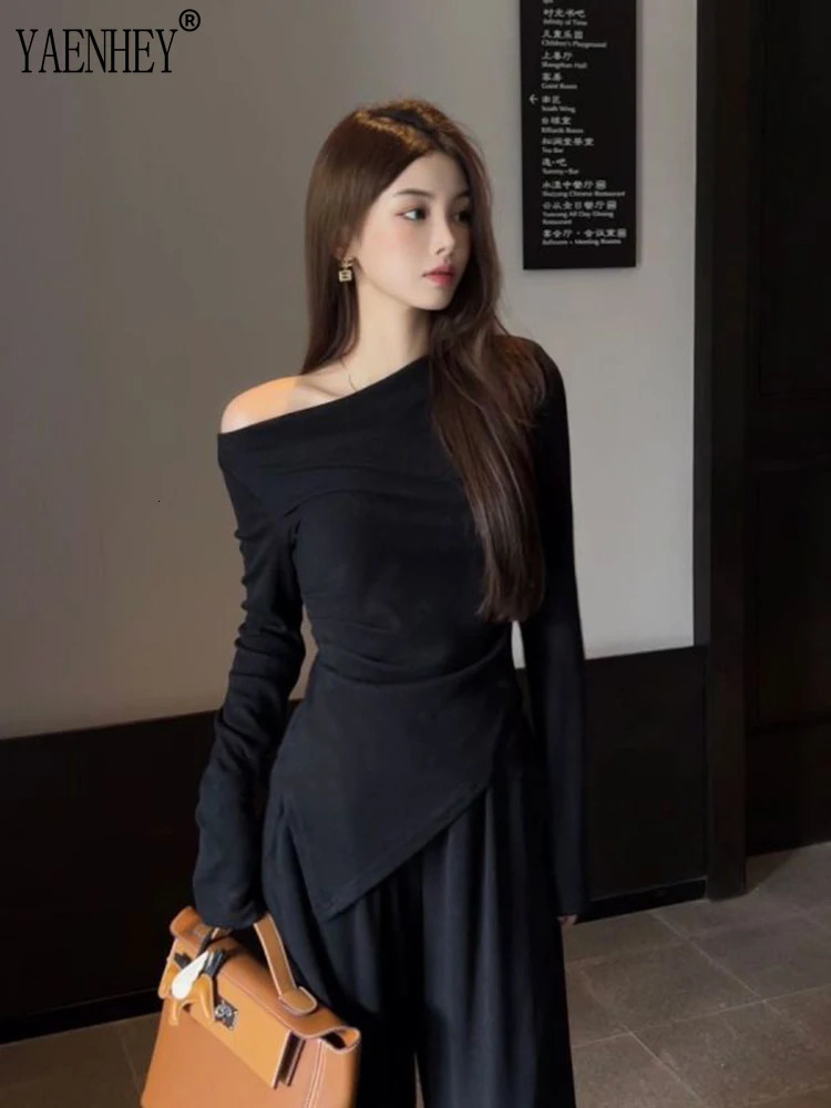 Irregular solid color slanted neck n womens soft Tshirthigh waist set thin wide leg pure style spicy girl twopiece women 241008
