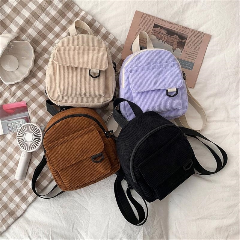Fashion Womens Mini Backpack Solid Color Corduroy Small Simple Casual Traveling Large Capacity Bookbag Female Schoolbag y240925