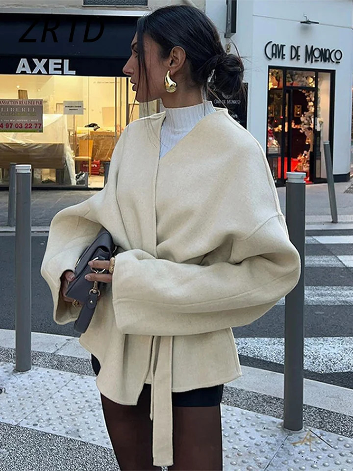 Elegant Fleece Coat With Belt Women Loose Vneck Long Sleeve Lace Up Patchwork Jacket 2024 Autumn Winter Solid High Street Coats 241008