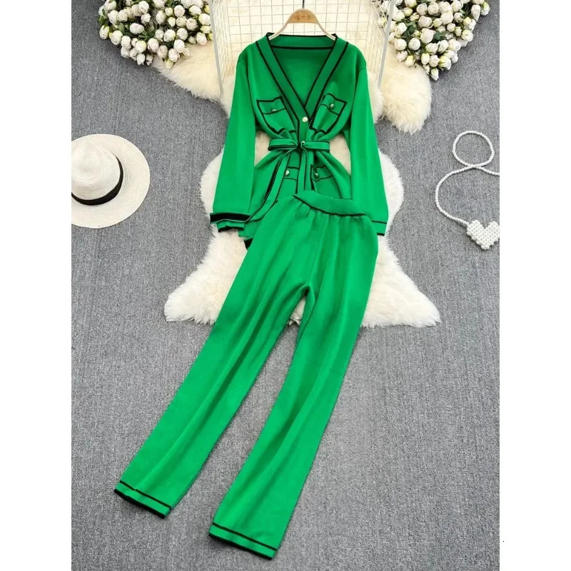 Fashion womens autumn long sleeved lace top Vneck knitted cardigan jacketwide leg pants twopiece set N242 241008