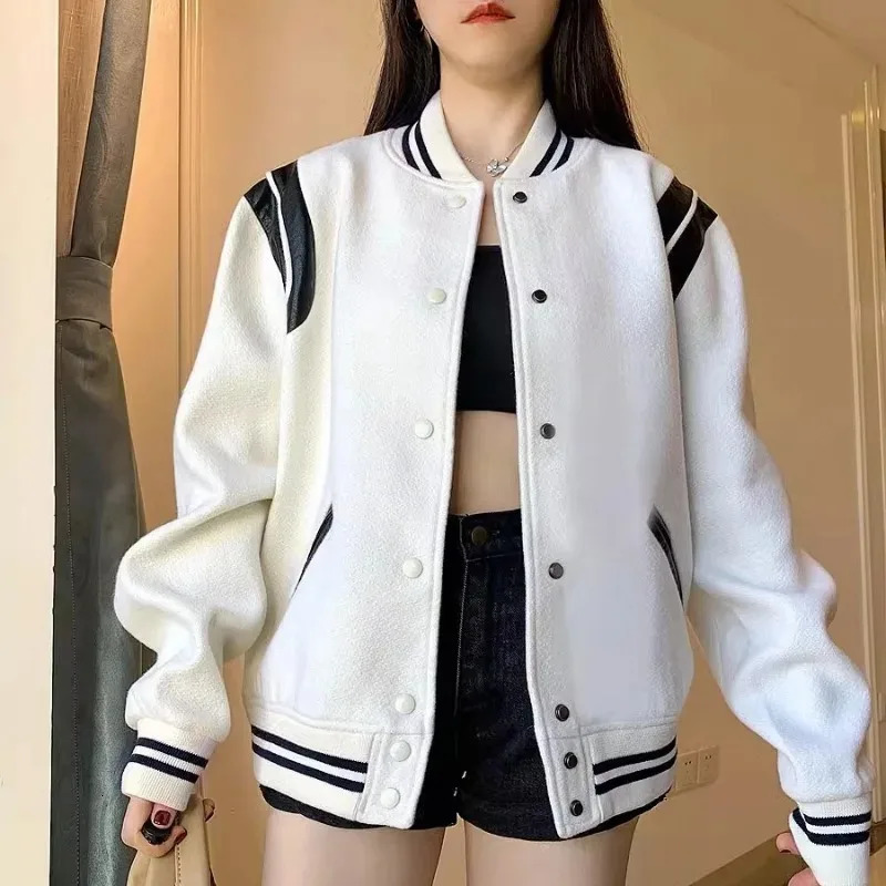 Deep City Korean style white bomber jacket womens streetwear preparatory retro tweed baseball jacket college autumn and winter fashion 241011