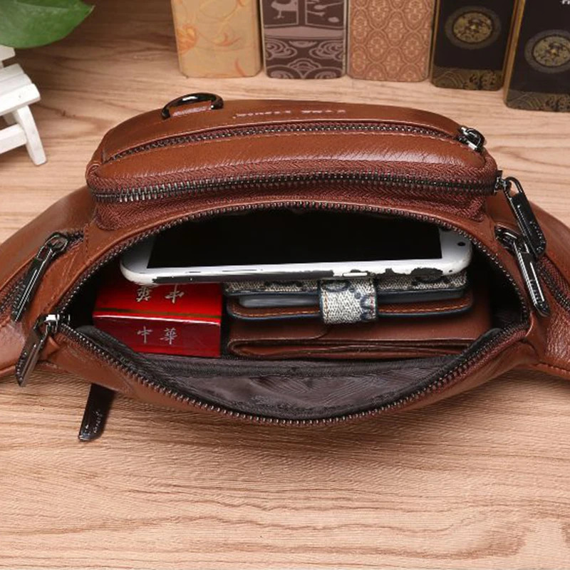 Mens travel leather waist bag retro natural skin mens wallet cross body sling chest hip shoulder strap bag 241008