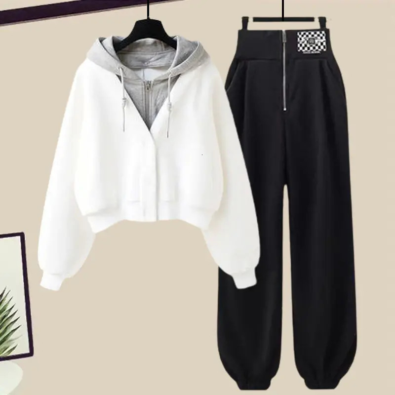 Winter patch work hoodie jacket personalized leg two-piece elegant womens pants set sportswear set 241010