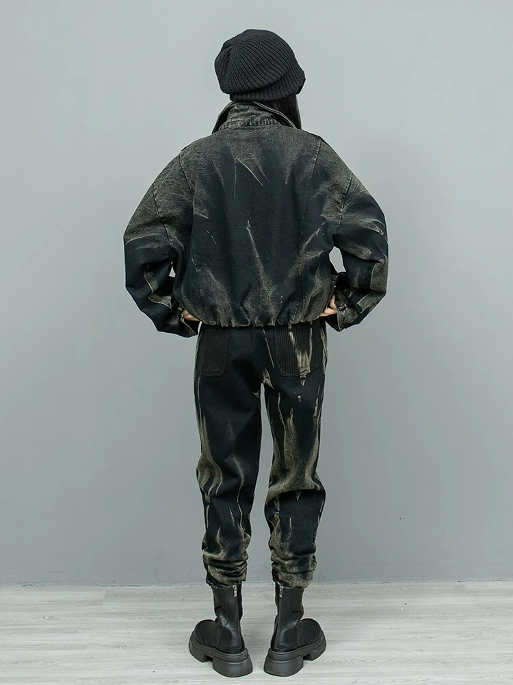 Personalized retro denim patch work knit wool jacketsmall leg harem pants two-piece set for women autumn/winter ZF239 241010