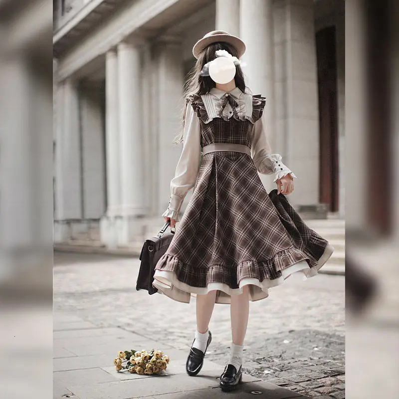 Coalwell military plaid coarse woolen womens clothing autumn and winter vacation two pieces literary sweet retro style long womens clothing 241010