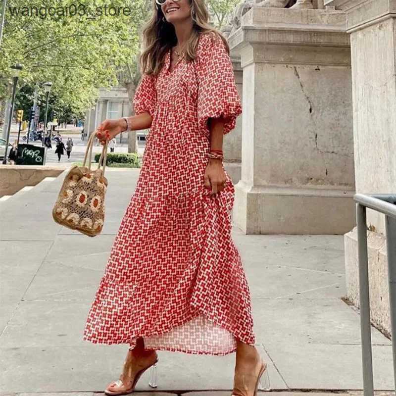 Maternity Dresses 5XL Puff Sleeve Boho Maxi Dress Summer Elegant Women Loose Casual Style Vacation Vestidos Drawstring V-Neck Long Beach Dresses L2409