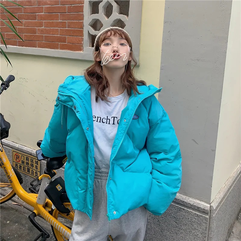 Blue hooded down jacket for women yellow fashionable American streetwear Y2K style duck down jacket for women winter short jacket 241009