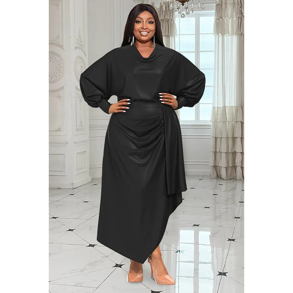 Plus Size Womens Everyday Dress Brown V Neck Long Sleeve Irregular Spring and Summer Satin Cinched Waist Maxi 241010