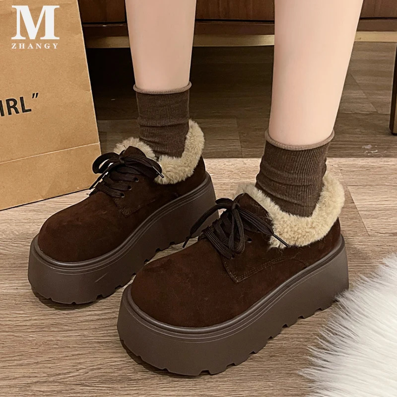 Fur platform womens snow collar boots suede mid boots cotton Mary Jens shoes 2025 trend lace short plush winter Botas De Mujer 241007