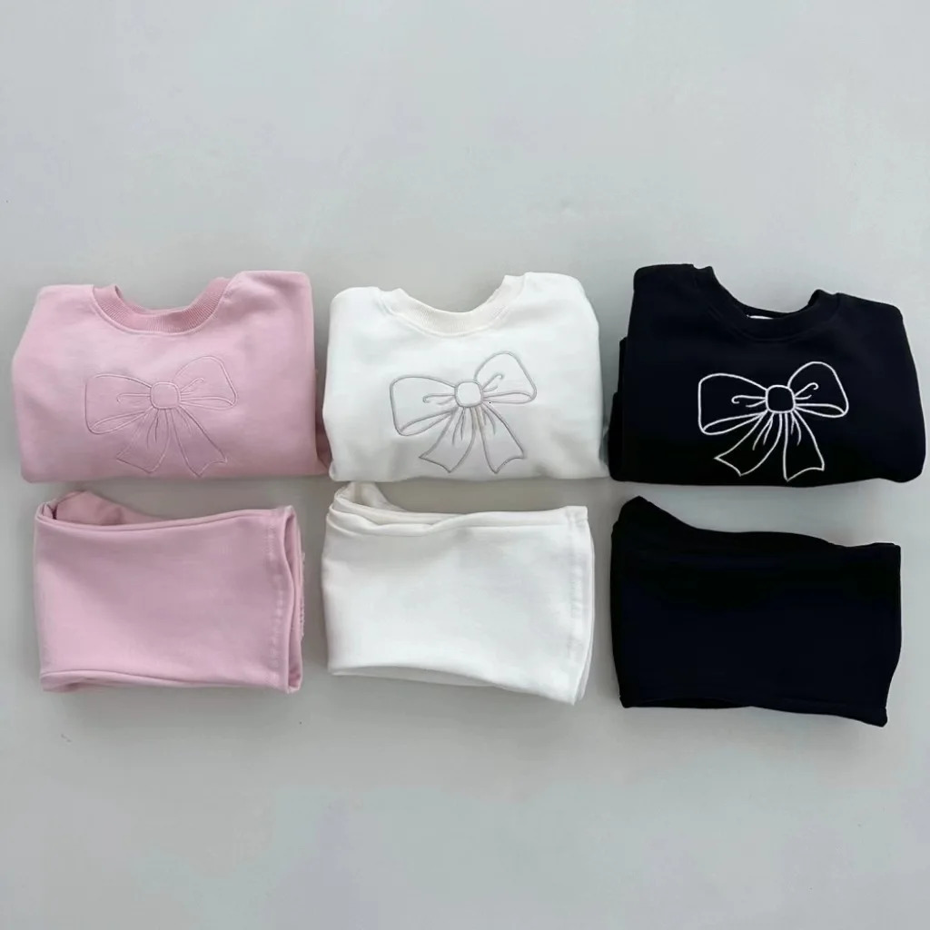 Spring Baby Girl Long Sleeve Clothing Set Cute Bow Sweater and Flange Pants 2piece Childrens Casual 241007