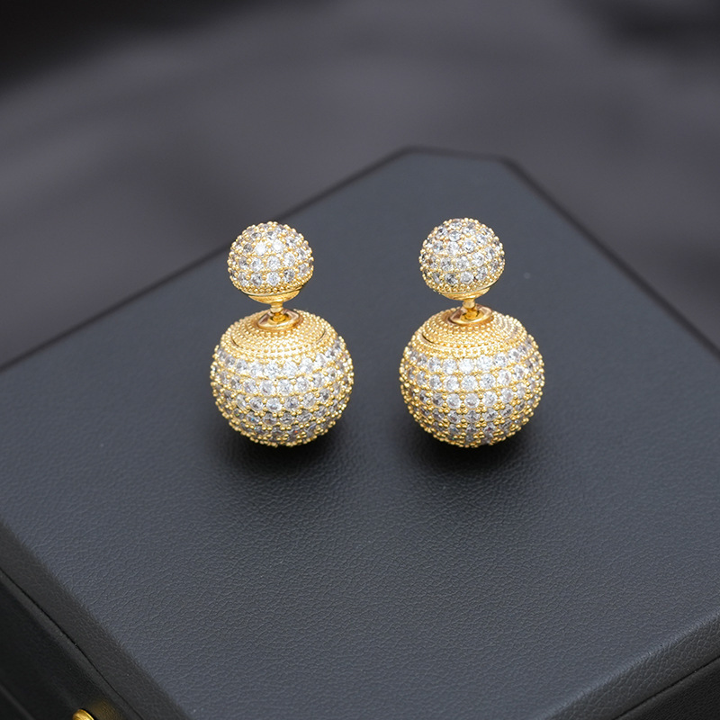 New Light High end Round Ball with Micro inlaid Zirconia Zircon Stones, Wearing Earstuds in Front and Back, Women's Style Earrings
