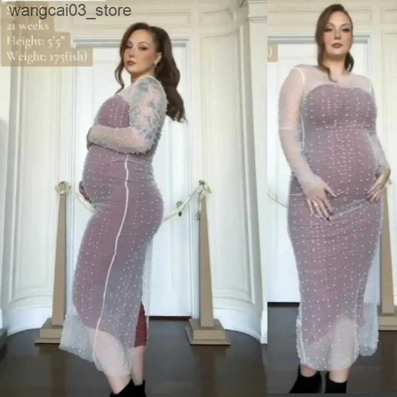 Maternity Dresses Womens Sheer Mesh Pearl Rhinestone dress Beach Bikini Swimsuit Coverups Maternity Dresses Photoshoot L240910