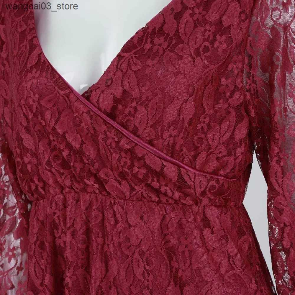 Maternity Dresses Red Wine V-Neck Long Sleeve Maternity Photography Props Maxi Pregnancy Clothes Lace Dress Fancy Shooting Photo Pregnan L240910