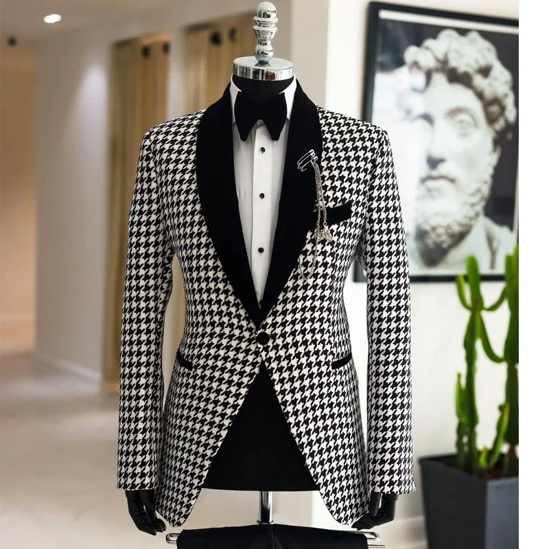 Houndstooth Suits For Men Check Wedding Groom Tuxedo Slim Fit 2 Pcs Plaid Business Fashion Blazer With Pants 2024