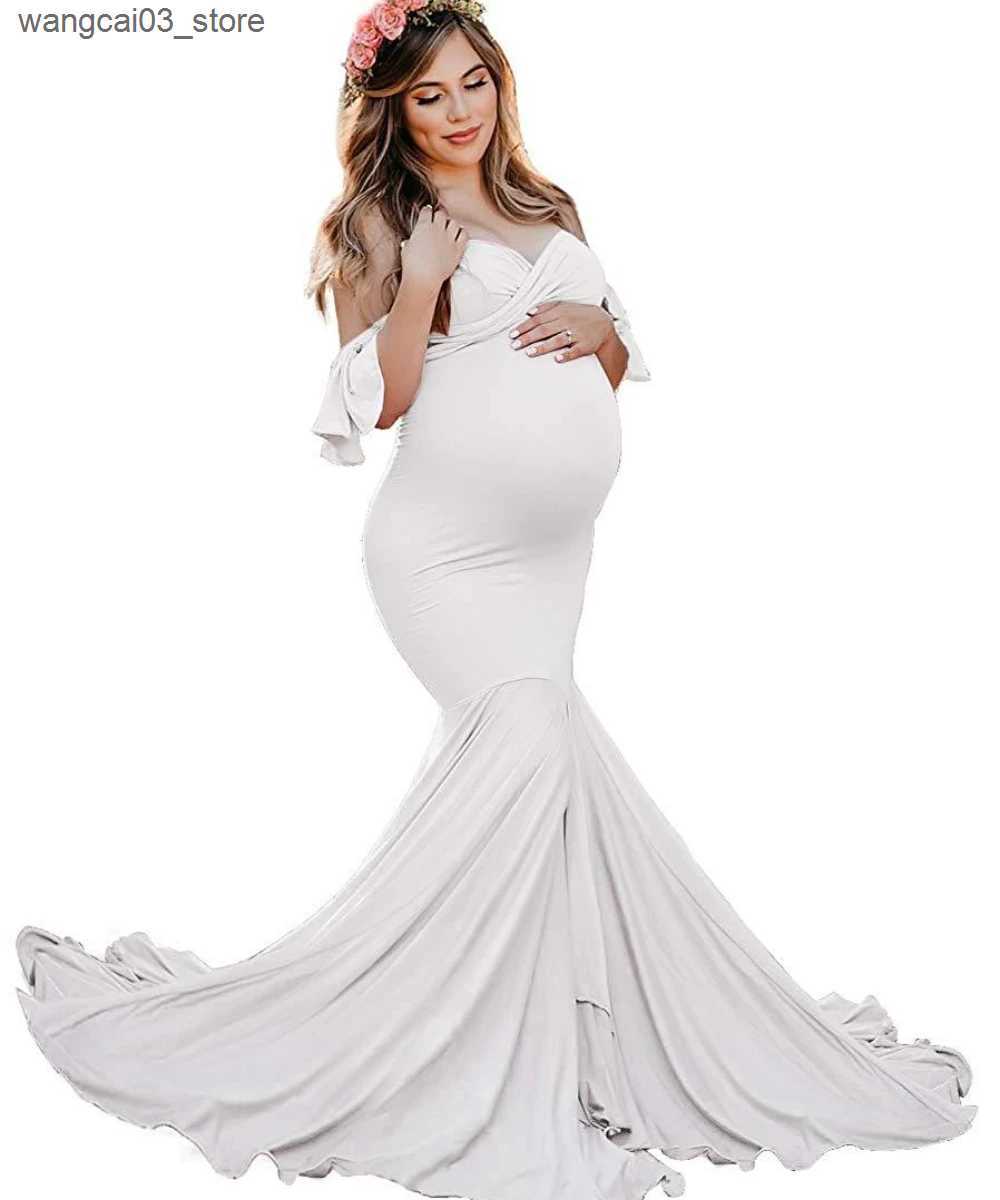 Maternity Dresses Maternity Dress Mercerized Cotton Maternity Ruffled Sleeves Crossover V-neck Trailing Dress Photography Dress L240910