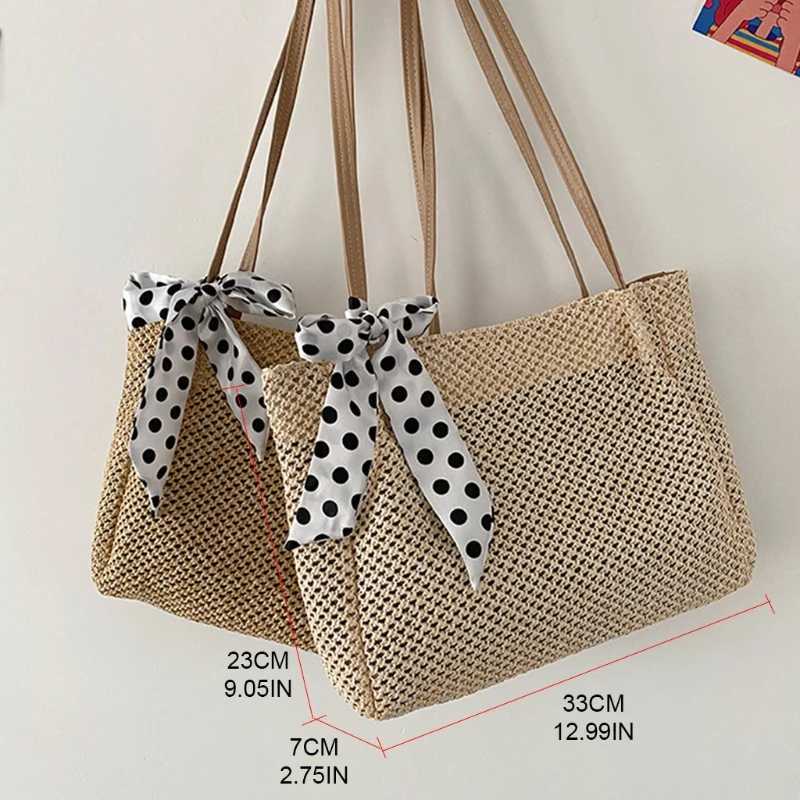 Large summer beach shoulder bag woven square with ribbon handle wallet Y241011