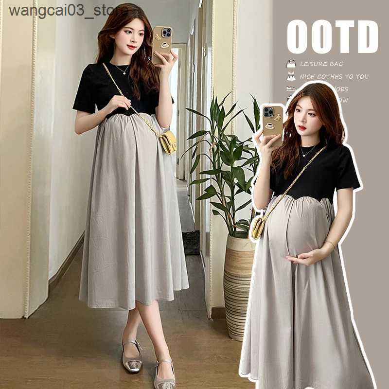 Maternity Dresses 2024 French Style Pregnant Women Elegant Dress Plus Size Long Sleeve O-Neck High Waist Maternity A-Line Dress Long Loose Clothes L24