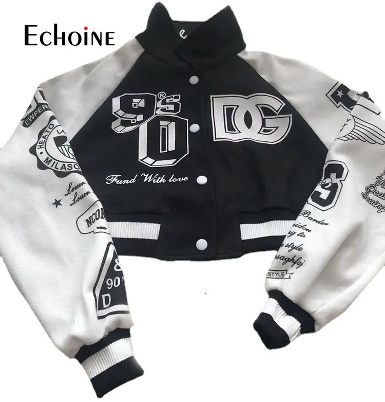 Echoine autumn womens lapel print single chest long sleeved patchwork baseball shorts street casual jacket 241011