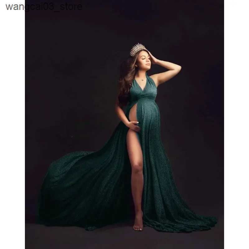 Maternity Dresses Glittering Silver Silk Maternity Dresses For Photo Shoot Sexy Split Front Pregnant Women Fancy Pregnancy Dress Photography Props L24