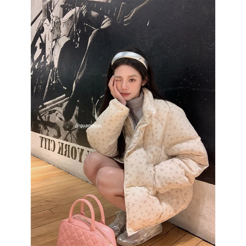 2024 Style Parkas Small Flowers Lapel Female Short Coat Down Cotton Jacket Loose Bread Clothing Womens Y2k 240930