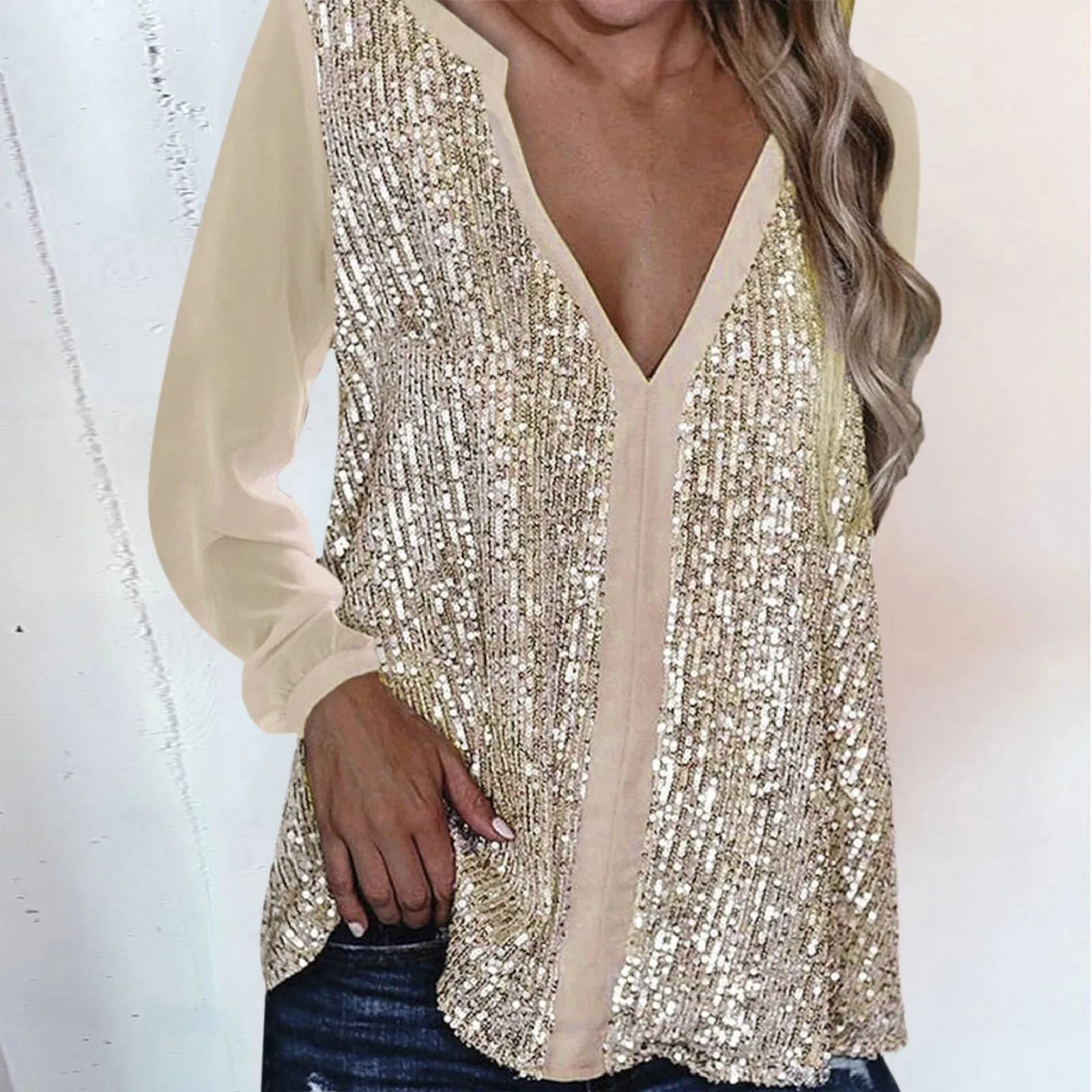 Womens Collar Loose Sexy Plus Size Tops Casual Color V Neck Sequin Blouse Long Sleeve WomenS Shirt 241011