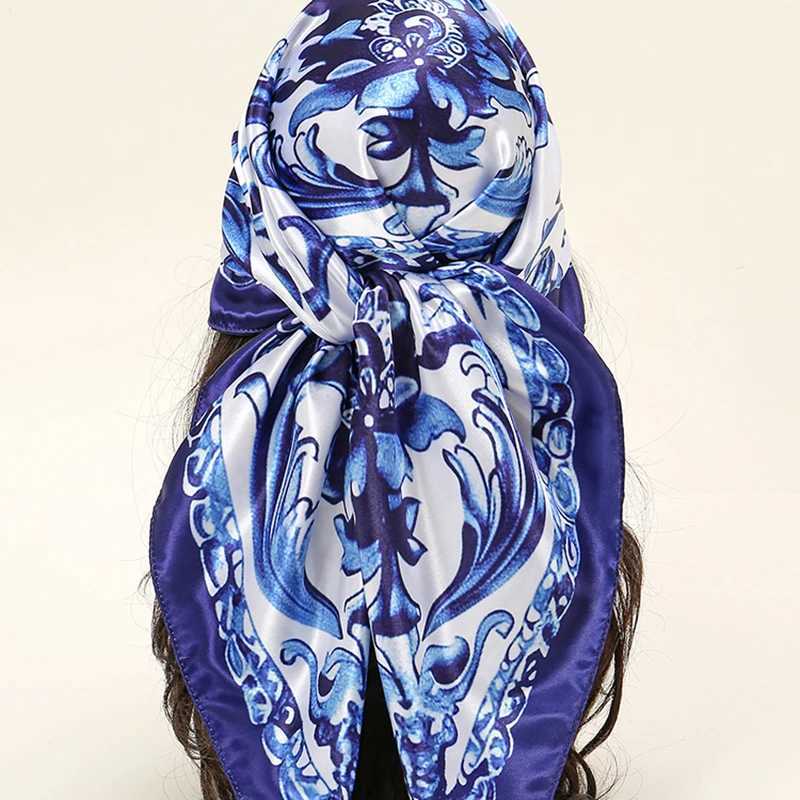 Bandanas Durag New Blue and White Porcelain Satin Silk Square Scarf Headscarf Printed Muslim Womens Headscarf Womens 2024 Headscarf 90 * 90cm J241010