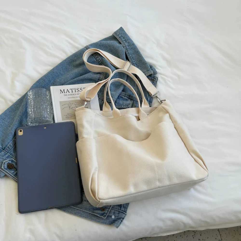 Ins Lazy Wind Canvas Large Bag New Korean Version Single Shoulder Horizontal Bag Womens Simple Literature Solid Color Y241011