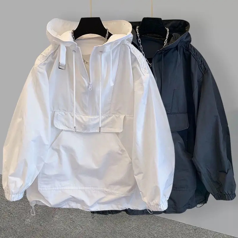 Autumn hoodie casual mens spring jacket solid pocket cargo outdoor sports travel top black windproof half zipper jacket 241010